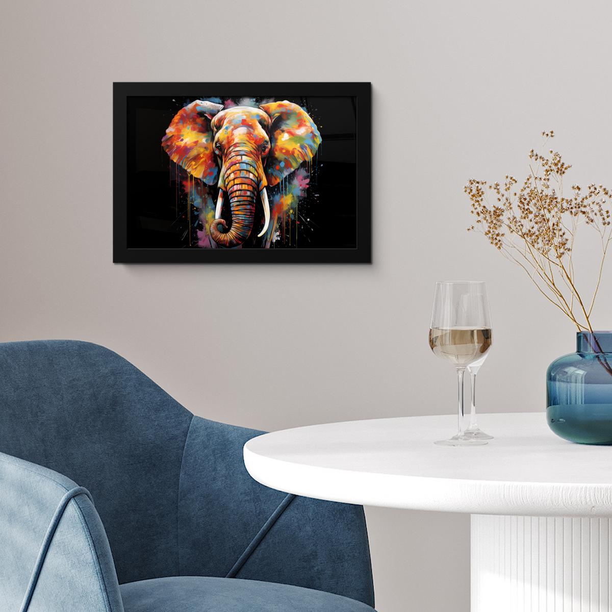 POSTER MIT RAHMENGERAHMTES BILD Elefant - Graffiti - Schwarz - Tiere - Farben 30x20 cm - Schwarz, Papier (30/20cm) - MuchoWow