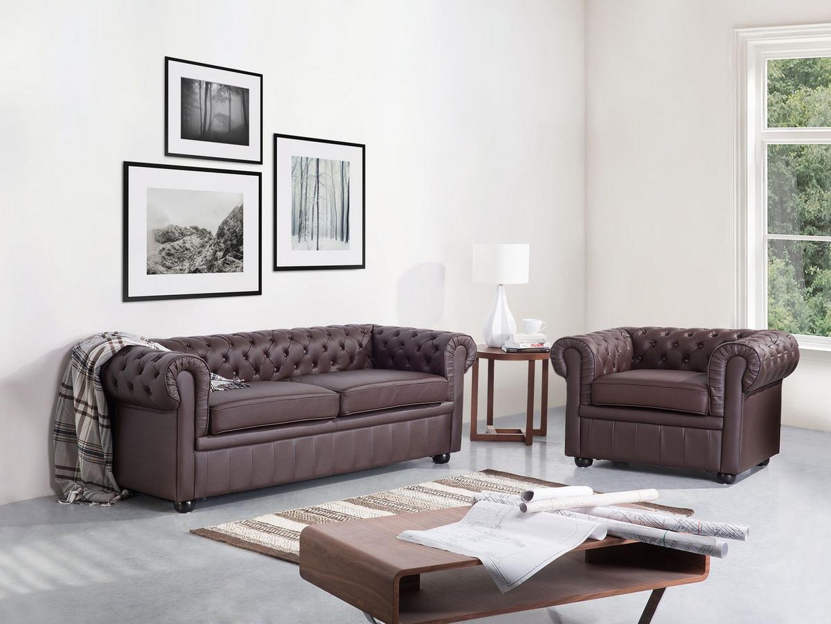 SOFA-SET 4-sitzer Leder Braun Chesterfield - Braun, Leder (195/70/90cm) - Beliani