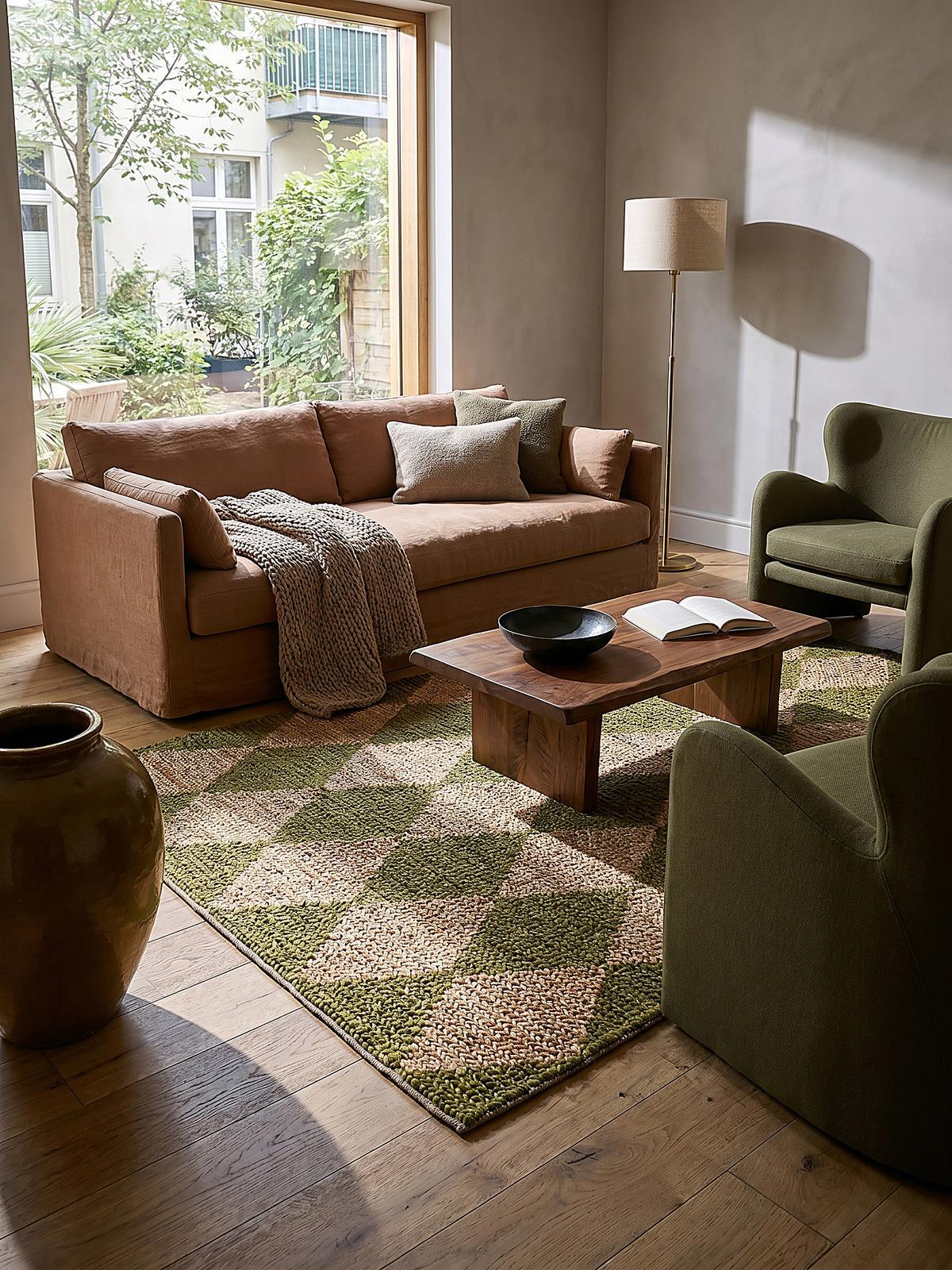 JUTETEPPICH BAIN, mit Rautenmuster, Olivegrün, 120 x 170 cm - Grün, Textil (170/120cm) - KADIMA DESIGN
