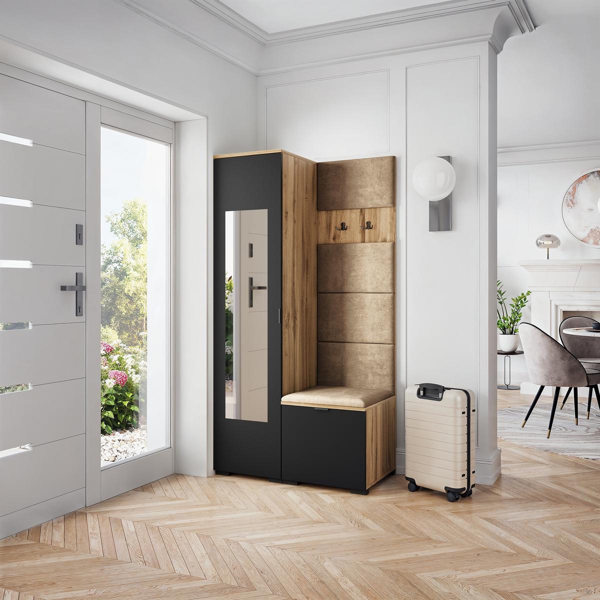 GARDEROBENSCHRANK VIRA 95/181/51 cm Modern Garderobe-Set Eiche Wotan - Eiche Wotan/Schwarz, Holzwerkstoff (95/181/51cm) - MASSENO