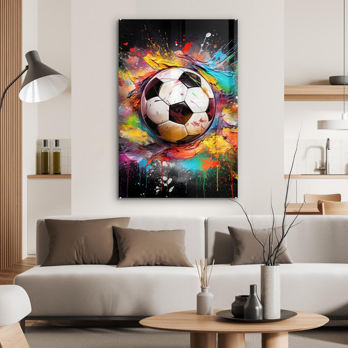 ACRYLGLASBILD Fußball - Farbe - Farben - Schwarz - Weiß 80x120 cm - Weiß, Glas (80/120cm) - MuchoWow