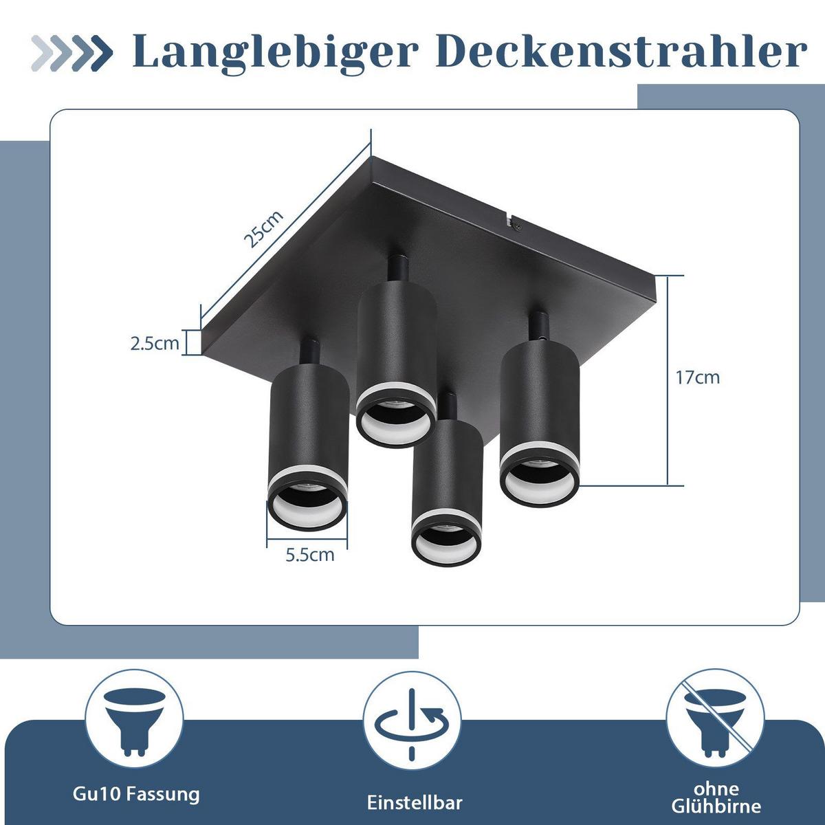 DECKENSTRAHLER Solingen 4-flammig 25/25/17 cm - Schwarz, Metall (25/25/17cm) - Nettlife