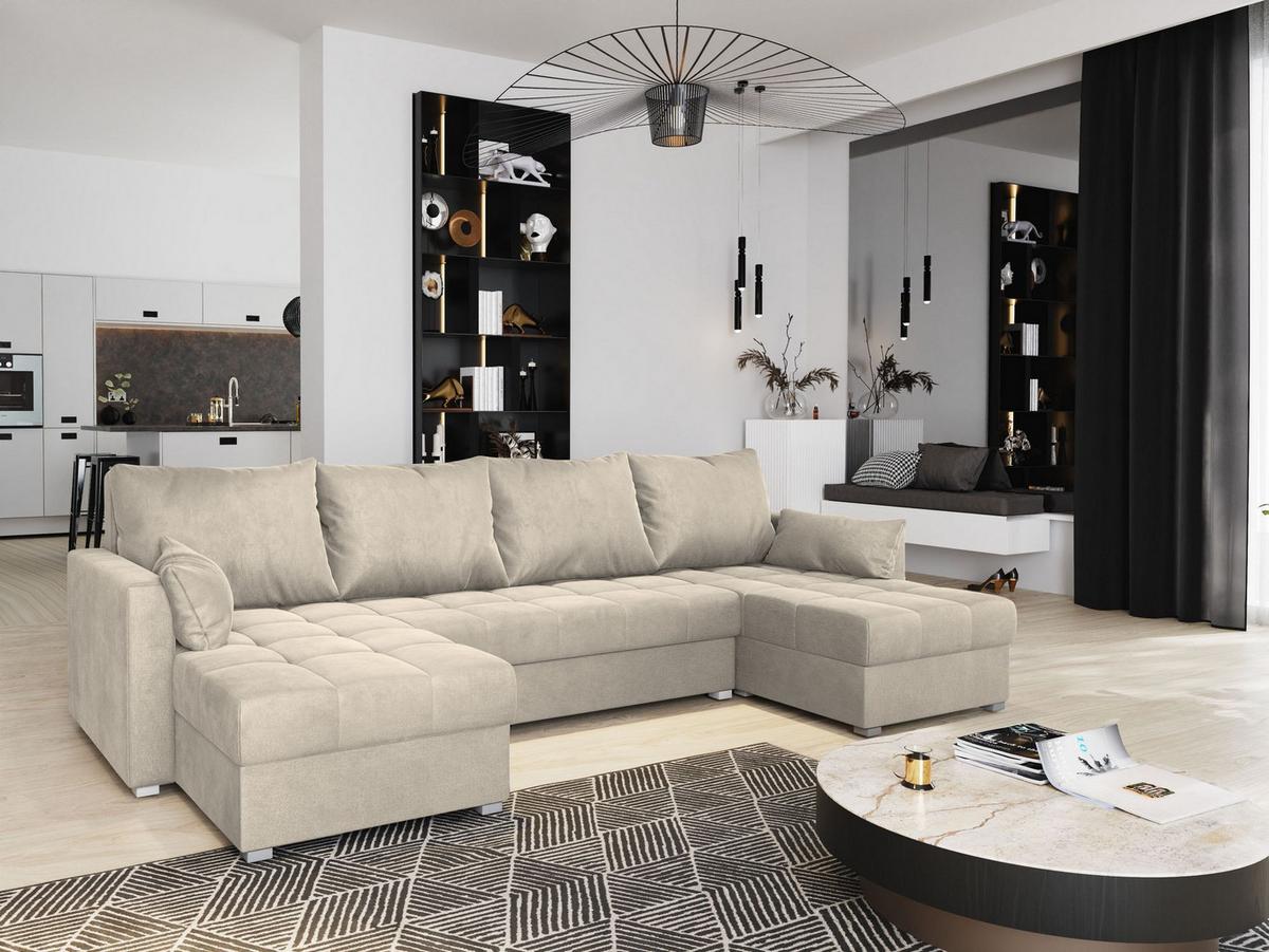 WOHNLANDSCHAFT NAKO M Creme Velours-Stoff mit Schlaffunktion - Creme/Grau, Holz/Kunststoff (285/85/140cm) - MASSENO