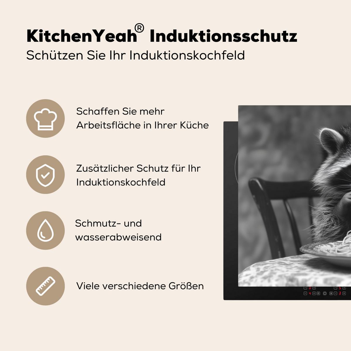 HERDABDECKPLATTE Waschbär - Niedlich - Pasta - Tischtuch - Schwarz - Weiß Ceranfeldabdeckung 76x51.5 cm - Grau, Kunststoff (76/51.5/0.2cm) - MuchoWow