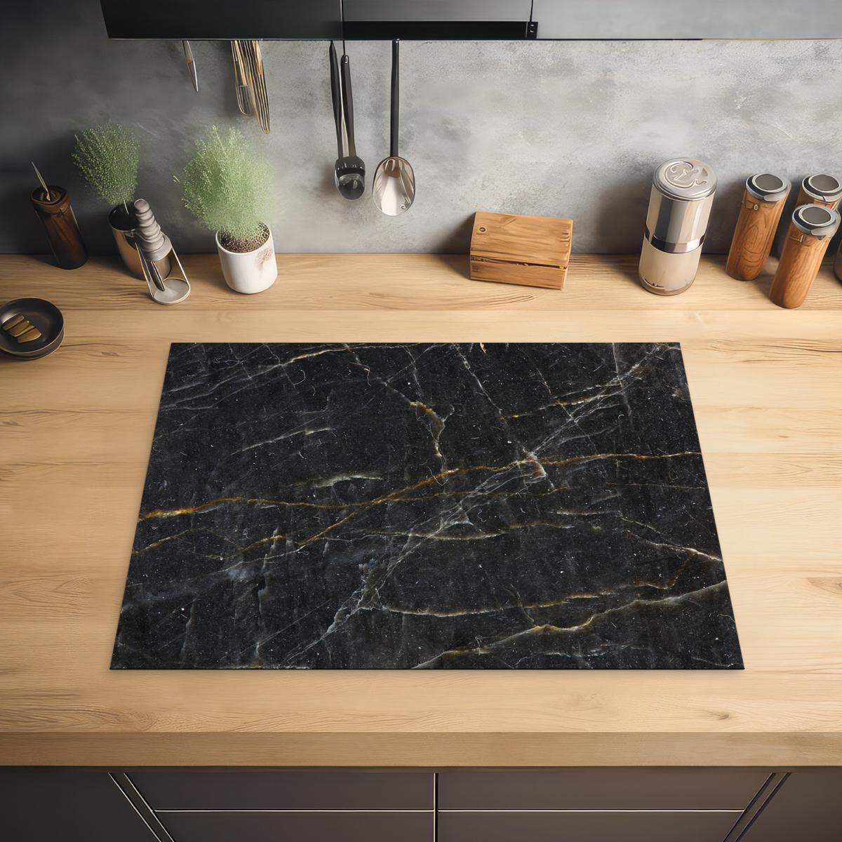 HERDABDECKPLATTE Marmor - Schwarz - Gold - Grau - Marmorstruktur Herdabdeckung Induktionsfeld 70x52 cm - Goldfarben, Kunststoff (70/52/0.2cm) - MuchoWow