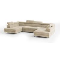 WOHNLANDSCHAFT VINTESSA Creme Velours-Stoff mit Schlaffunktion - Creme, Holz (323/89/190cm) - MASSENO