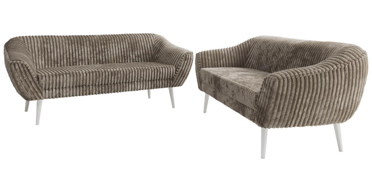 SITZGARNITUR PIRS 3+3 - Hellbraun Cord - Weiße Beine - Hellbraun/Weiß, Holzwerkstoff/Textil (180/75/74cm) - MKS