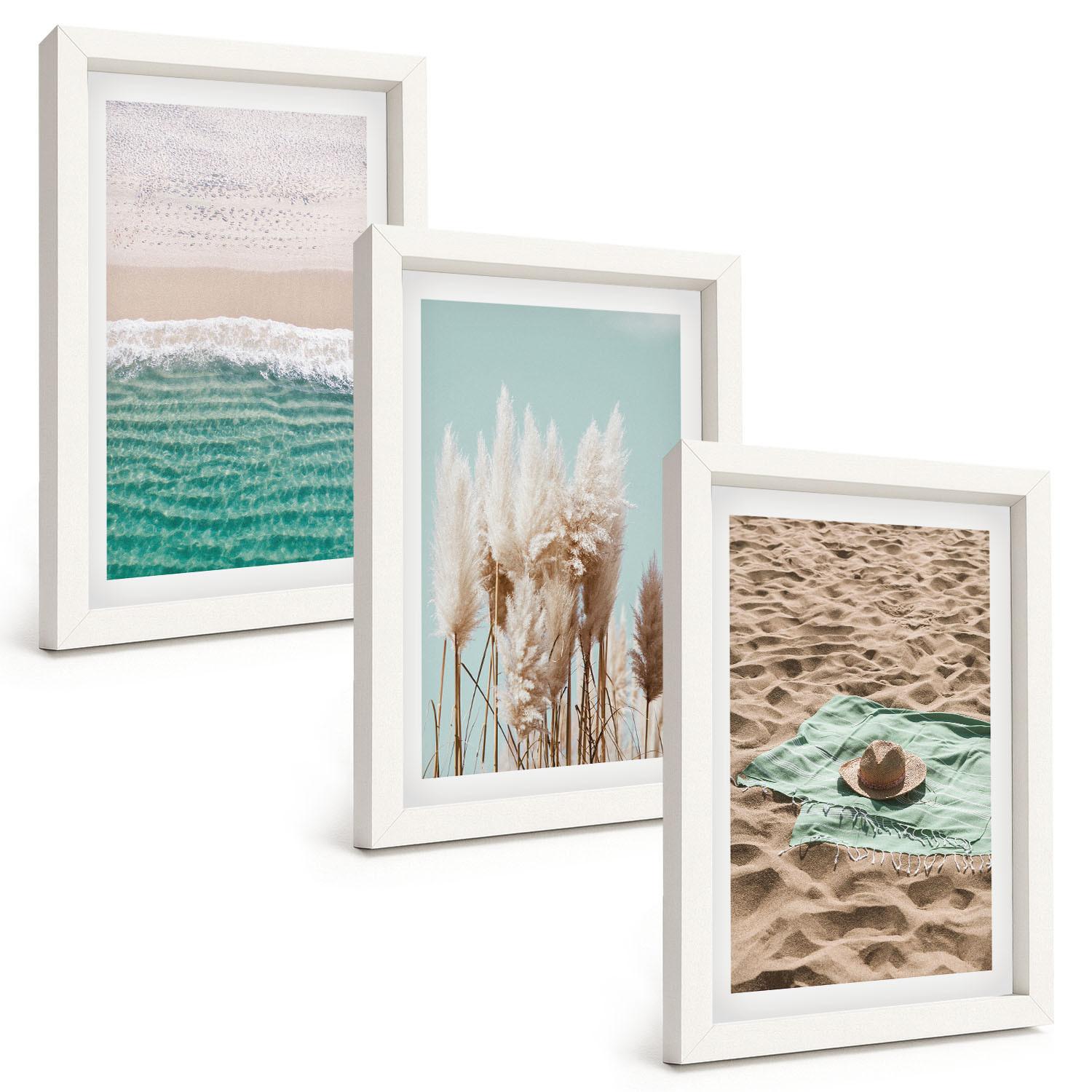 BILDER SET 3er Set - 20x30 cm Weißer Rahmen - Strandwellen Grashut - Weiß, Kunststoff (20/30cm) - TULUP