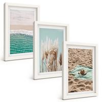 BILDER SET 3er Set - 20x30 cm Weißer Rahmen - Strandwellen Grashut - Weiß, Kunststoff (20/30cm) - TULUP