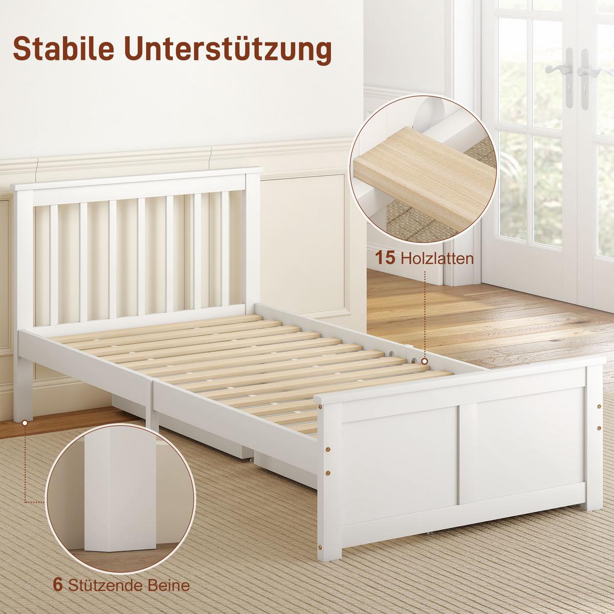 BETTGESTELL Kiefernholz MDF Weiß - Weiß, Holzwerkstoff (90/200cm) - HOMCOM