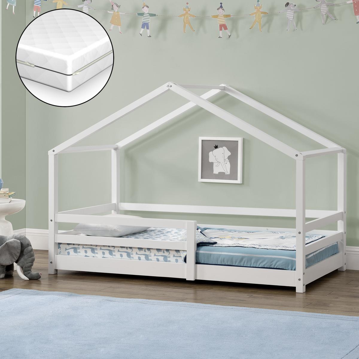 HAUSBETT Knätten mit Matratze - Weiß, Holz/Textil (70/140cm) - [en.casa]