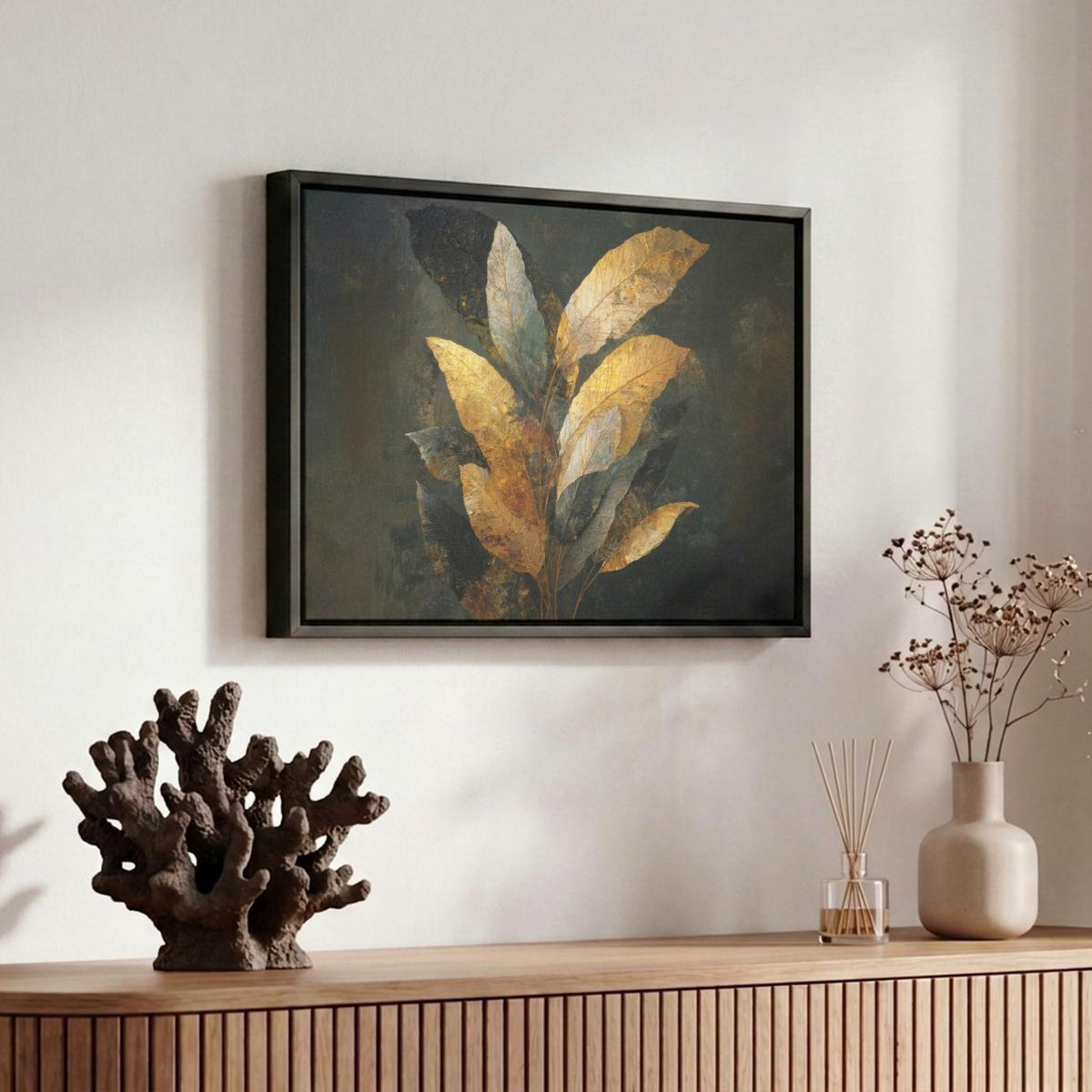 LEINWAND Bilder mit Rahmen - Golden Leaf Komposition - Botanical Luxury - 30x20 - Goldfarben, Textil (30/20cm) - MuchoWow