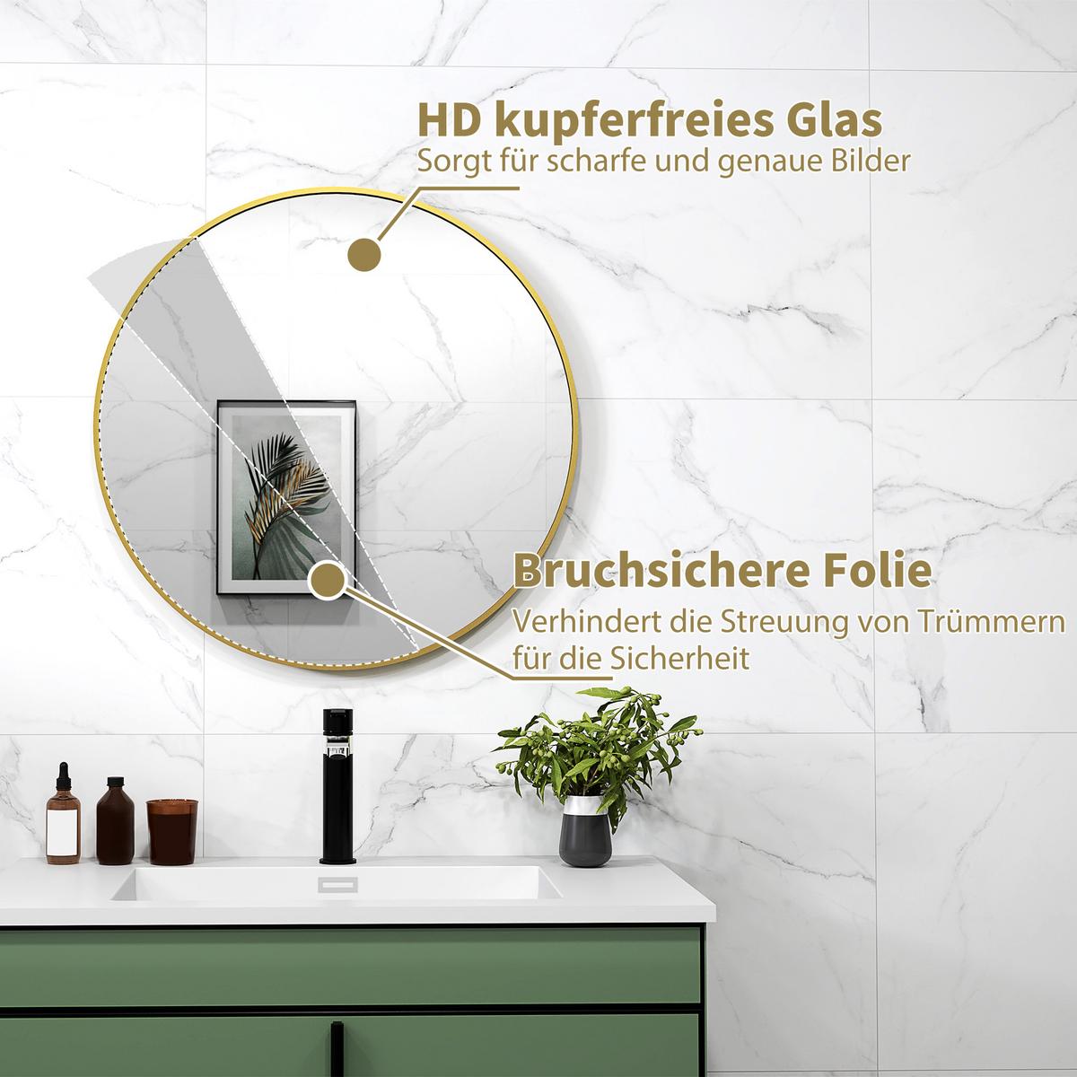 BADSPIEGEL 70x70 cm Rund Spiegel mit Rahmen, Splitterschutzfolie, Wandspiegel - Goldfarben, Metall (70/2.5/70cm) - HOMCOM