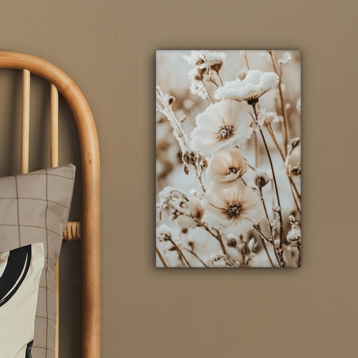 LEINWANDBILD Blumen - Winter - Weiß - Schnee - Beige Deko Wohnzimmer 20x30 cm - Creme, Textil (20/30cm) - MuchoWow