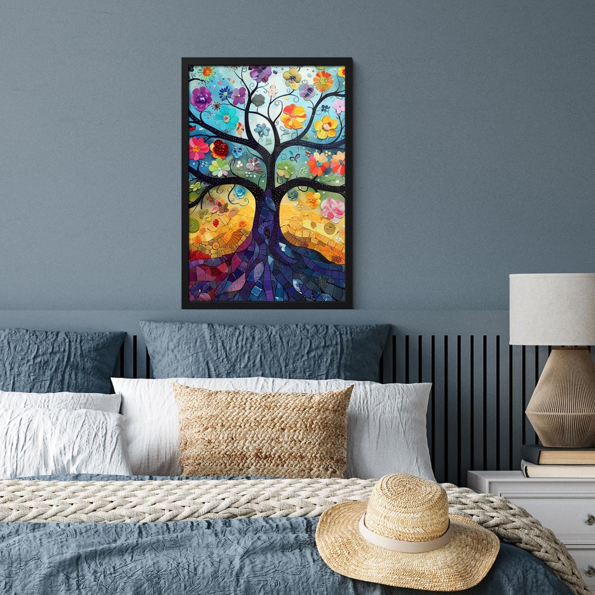 POSTER MIT RAHMEN Kunst - Baum des Lebens - Blumen - Hippie Bilder mit Rahmen 40x60 cm - Dunkelblau, Papier (40/60cm) - MuchoWow