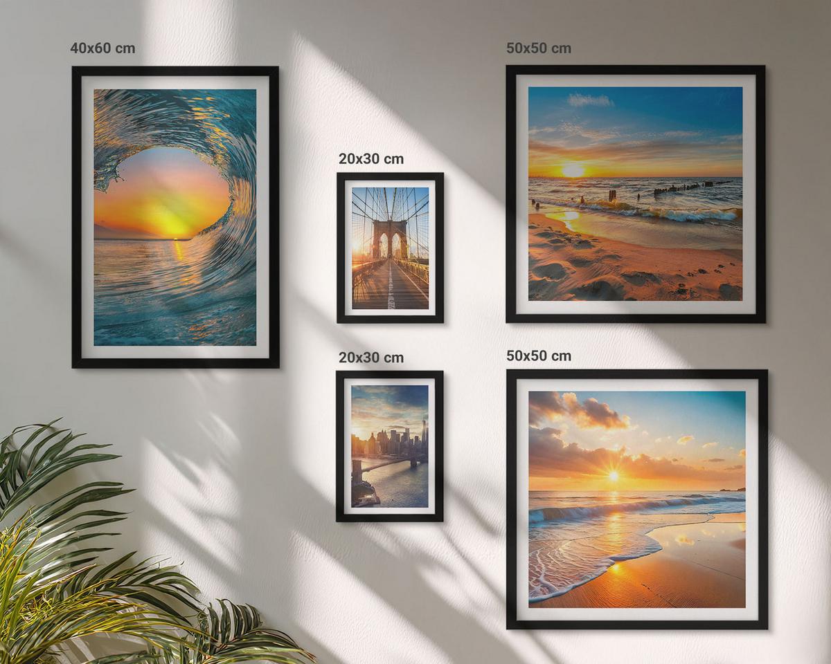 BILDER SET 5er Set - 50x50 cm & 20x30 cm & 40x60 cm Schwarzer Rahmen - Brücken, Sonnenuntergänge, Stadt - Schwarz, Kunststoff (40/60cm) - TULUP