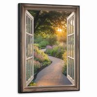 LEINWAND Bilder mit Rahmen - Aussicht - Blumen - Natur - Sonne - Weg - 60x80 - Hellgelb, Textil (60/80cm) - MuchoWow