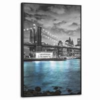 LEINWAND Bilder mit Rahmen - New York - Skyline - Stadt - Blau - 60x90 - Blaugrau, Textil (60/90cm) - MuchoWow