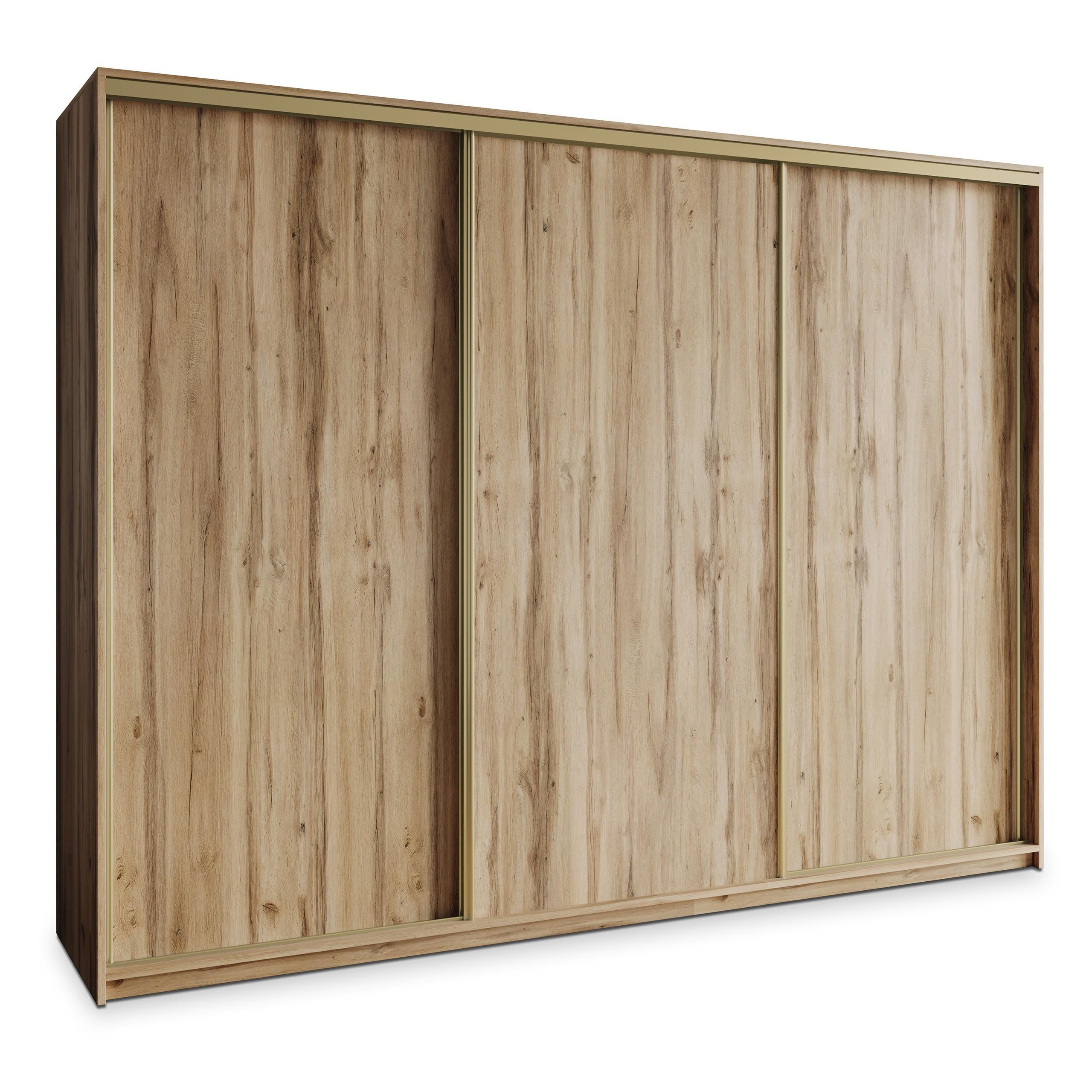 SCHWEBETÜRENSCHRANK NISSE 250/205/60 cm 3-türig mit Schubladen Eiche Wotan - Eiche Wotan/Goldfarben, Holzwerkstoff (250/205/60cm) - MASSENO