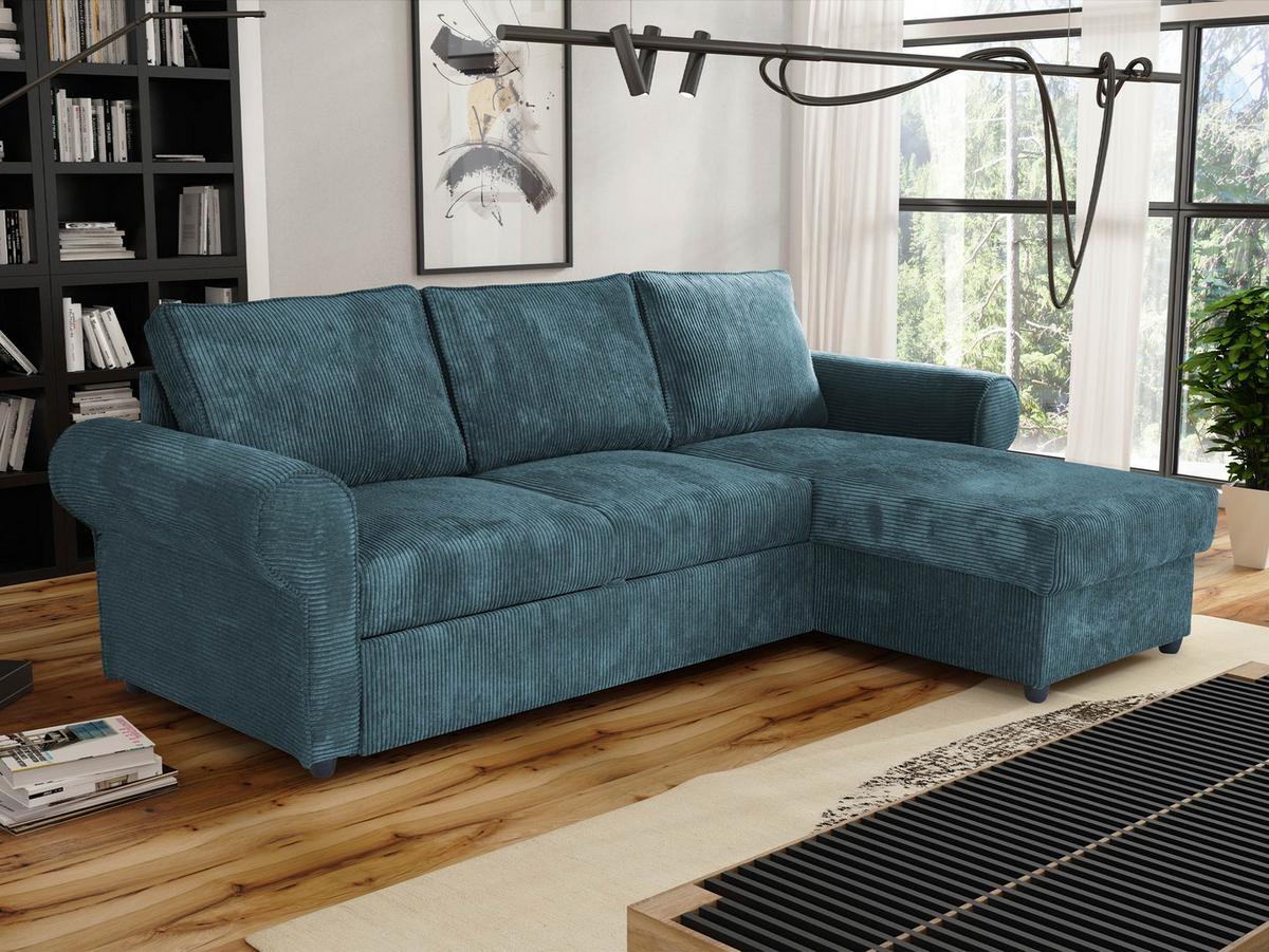ECKSOFA Monaco Cord - Türkis/Schwarz, Holz/Textil (246/155cm) - MIRJAN24