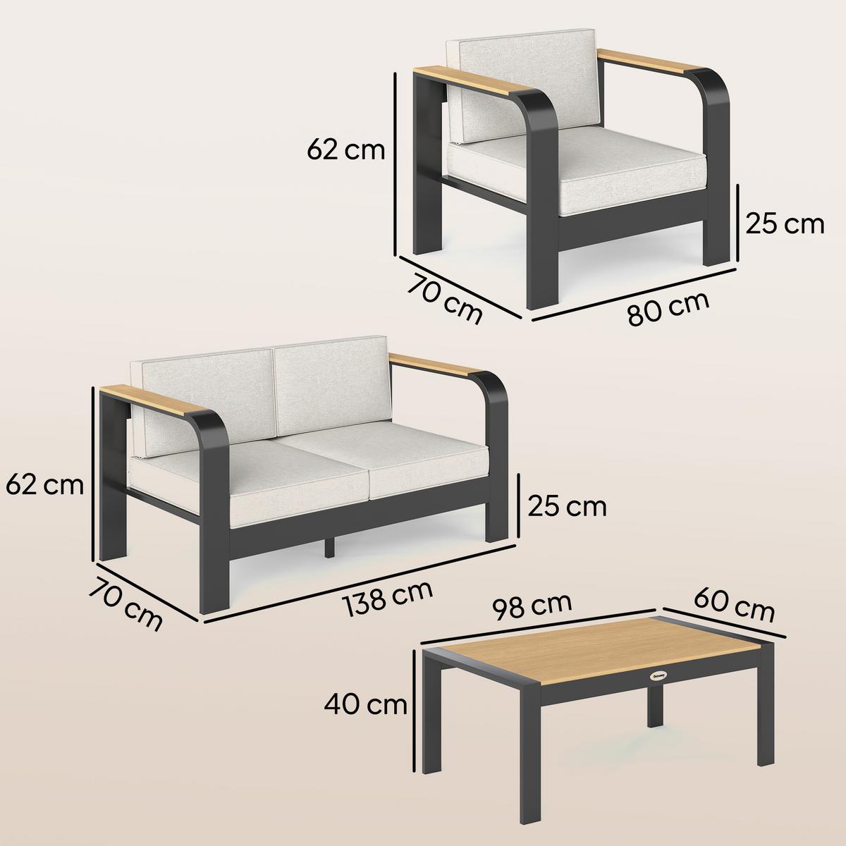 GARTENMÖBEL-SET 4er Set Aluminium WPC Beige - Beige/Teakfarben, Textil/Metall - Outsunny