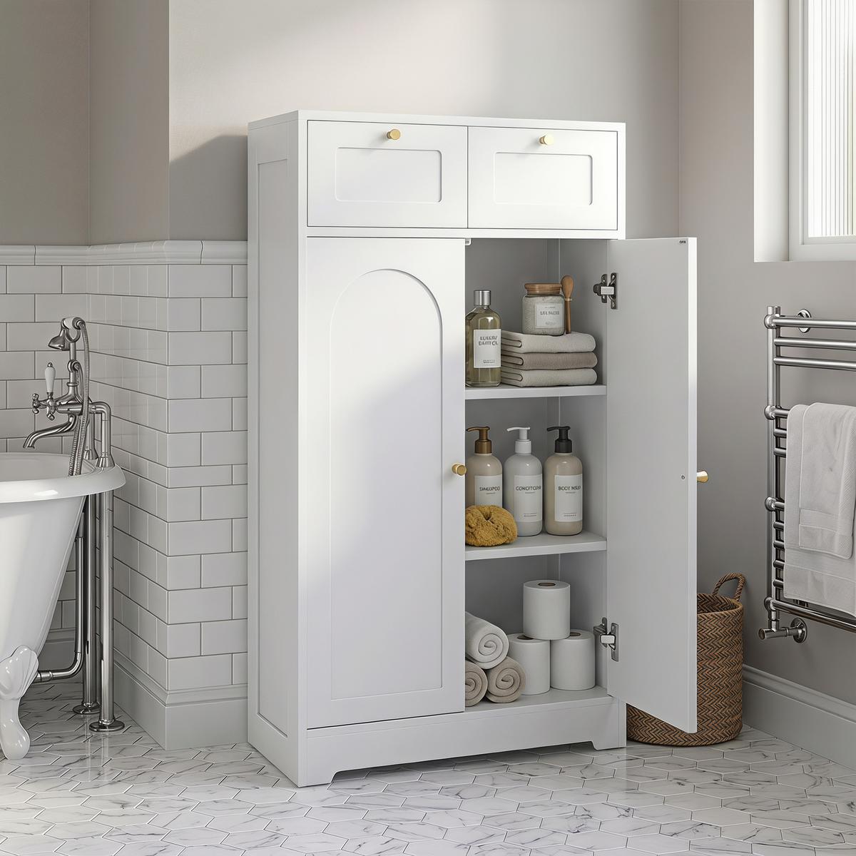 BADEZIMMERSCHRANK Spanplatte MDF Weiß - Goldfarben/Weiß, Holzwerkstoff/Metall (30/108/60cm) - HOMCOM