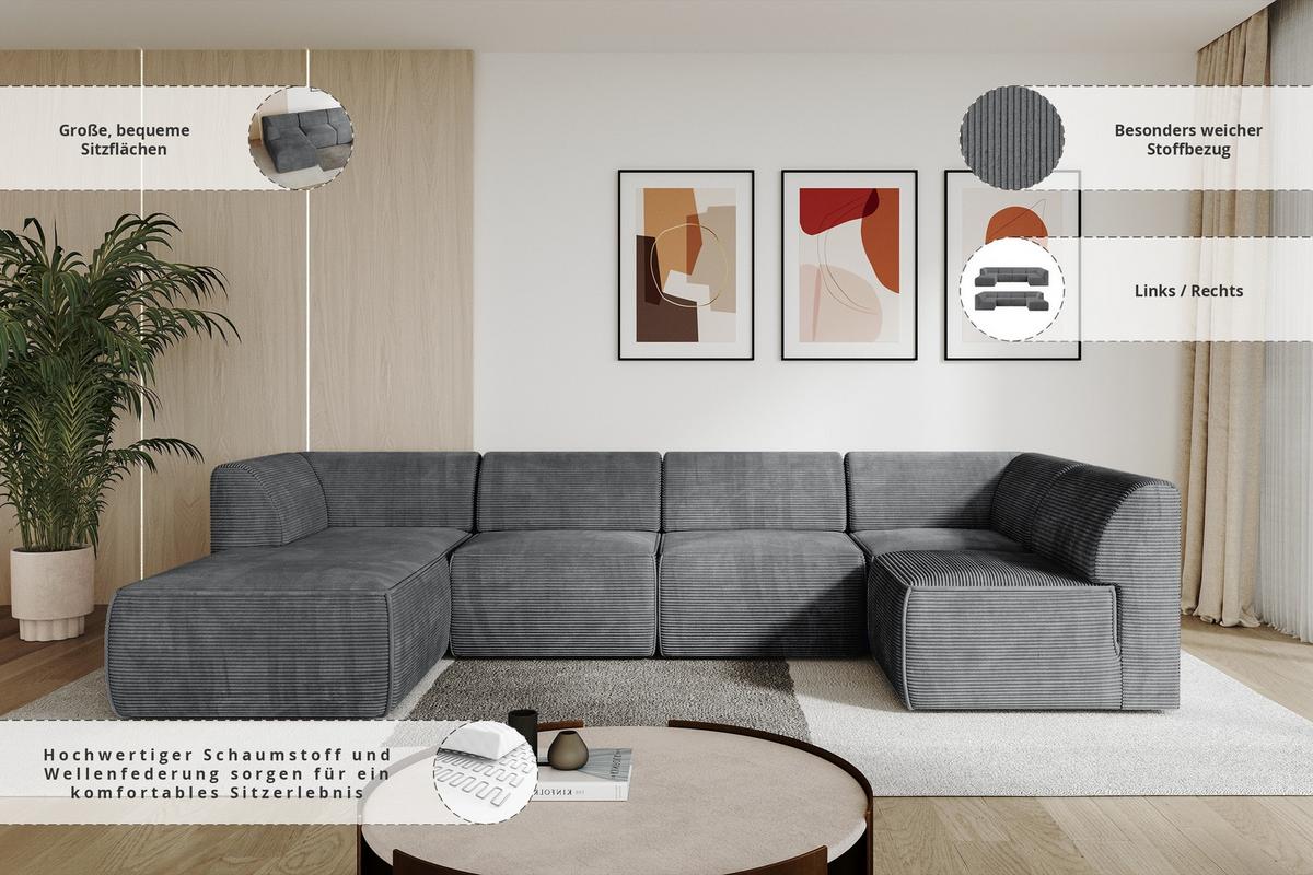 WOHNLANDSCHAFT Ottomane Links MOVO-L 345x180x78 cm Dunkelgrau Cord - Dunkelgrau, Holzwerkstoff/Kunststoff (345/78/180cm) - ALTDECOR