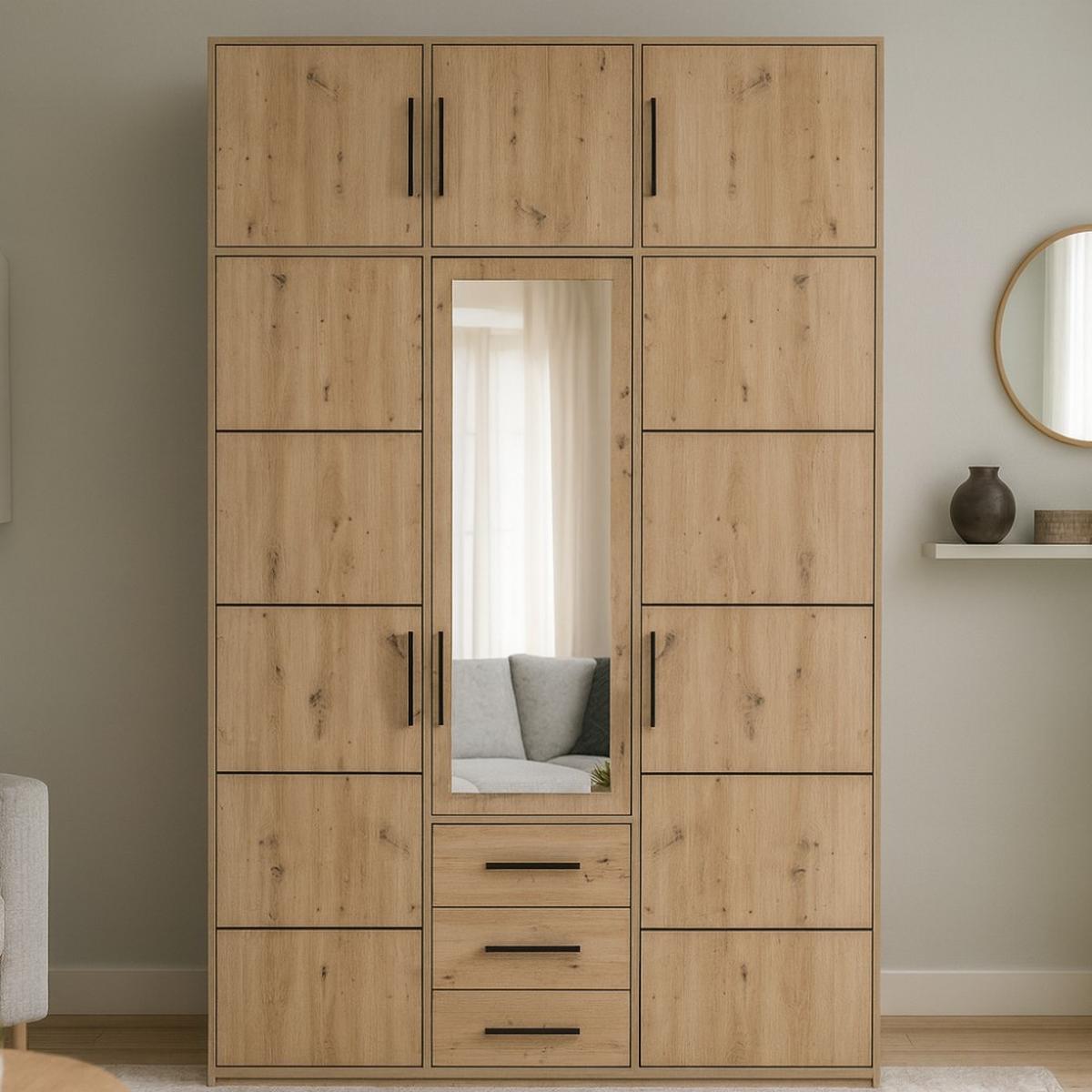 DREHTÜRENSCHRANK Kavo mit Aufsatz, Spiegel und 3 Türen, eiche Artisan - Schwarz/Eiche Artisan, Holzwerkstoff (150/245/58cm) - Beautysofa