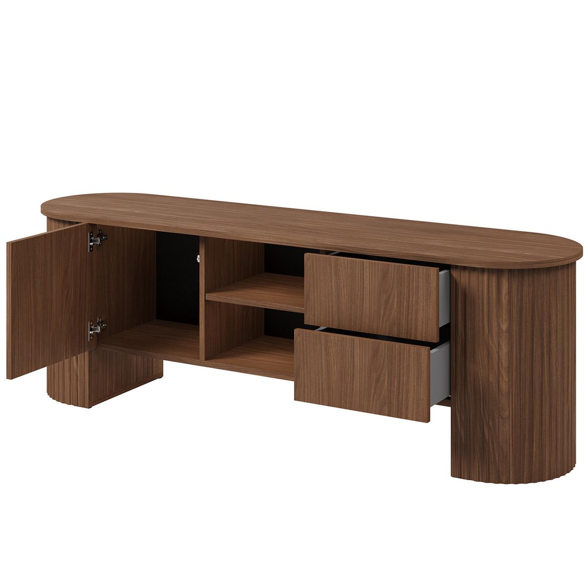 LOWBOARD Carlo mit 1 Tür und 2 Schubladen mit geriffelte Seiten 180 cm, Walnuss - Walnussfarben, Holzwerkstoff (180/60/45cm) - Beautysofa