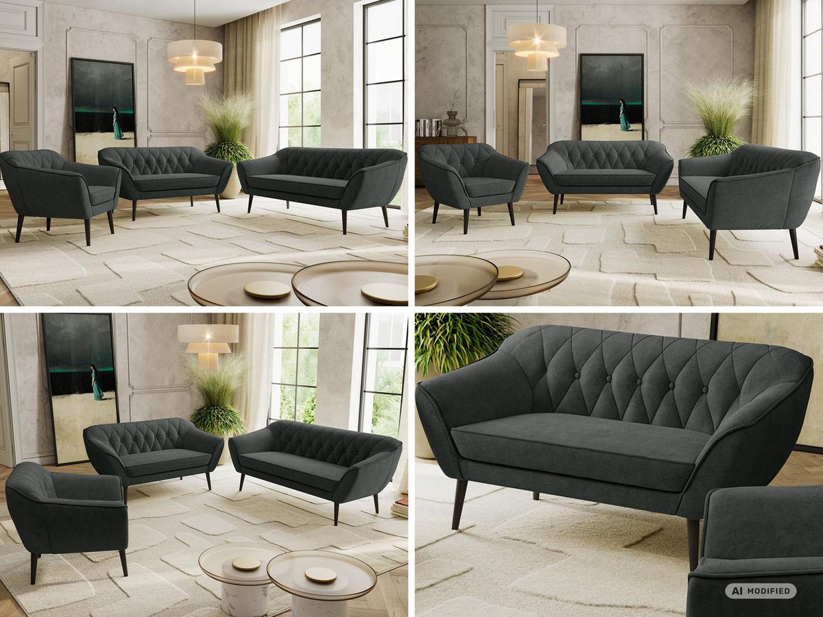 SITZGARNITUR PIRS 3+2+1 - Dunkelgrau Strukture - Schwarze Beine - Dunkelgrau/Graphitfarben, Holzwerkstoff/Textil (180/75/74cm) - MKS