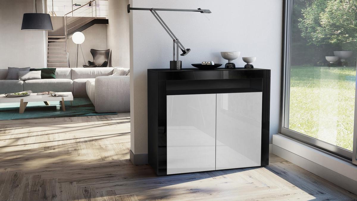 KOMMODE Valencia Weiß Hochglanz / Schwarz Hochglanz - Weiß Hochglanz/Schwarz, Holzwerkstoff (108/92/40cm) - Vladon