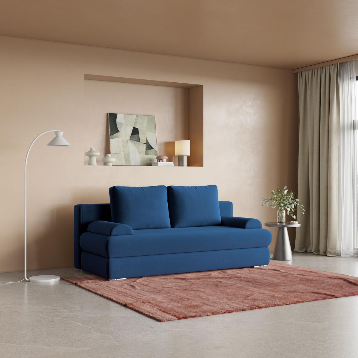 SCHLAFSOFA ASPERO Blau Plüsch-Stoff mit Schlaffunktion - Blau, Holz (200/95/75cm) - MASSENO