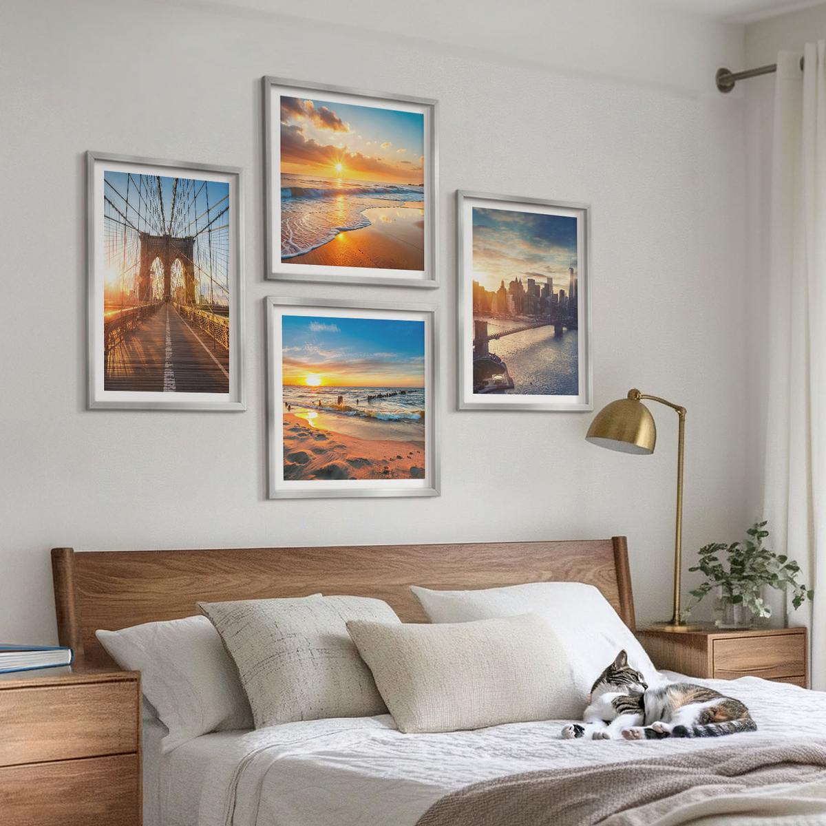 BILDER SET 4er Set - 50x50 cm & 40x60 cm Silberner Rahmen - Brücken, Sonnenuntergänge, Stadt - Silberfarben, Kunststoff (50/50cm) - TULUP