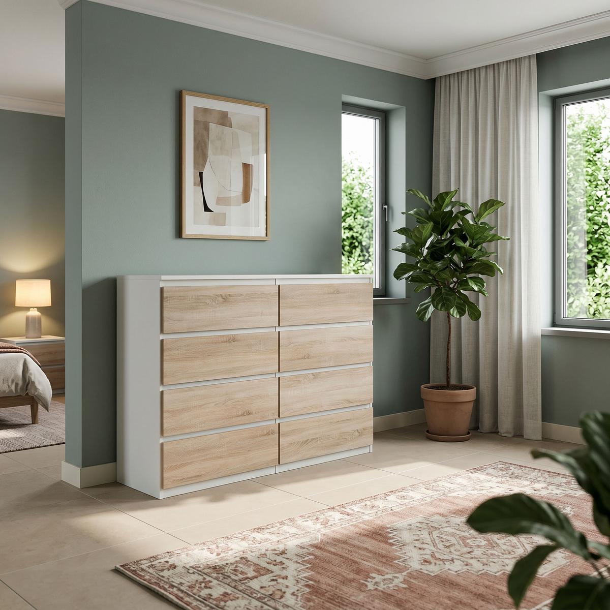 KOMMODE NUDO 138,5/101,5/39cm mit 8 Schubladen Türen Weiß - Weiß/Sonoma Eiche, Holzwerkstoff (138.5/101.5/39cm) - MASSENO