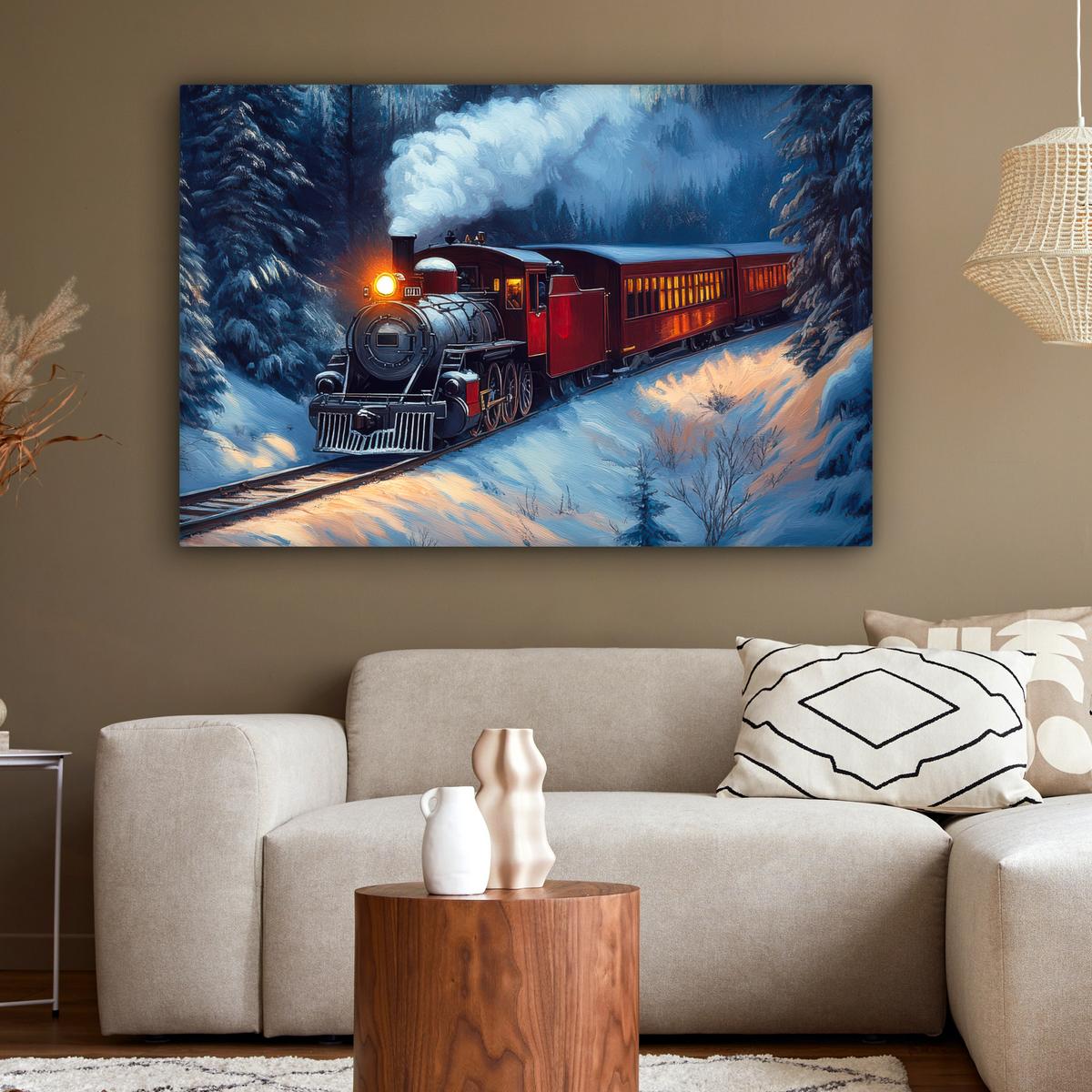 LEINWANDBILD Zug - Weihnachten - Schnee - Weihnachtszug XXL 150x100 cm - Anthrazit, Textil (150/100cm) - MuchoWow