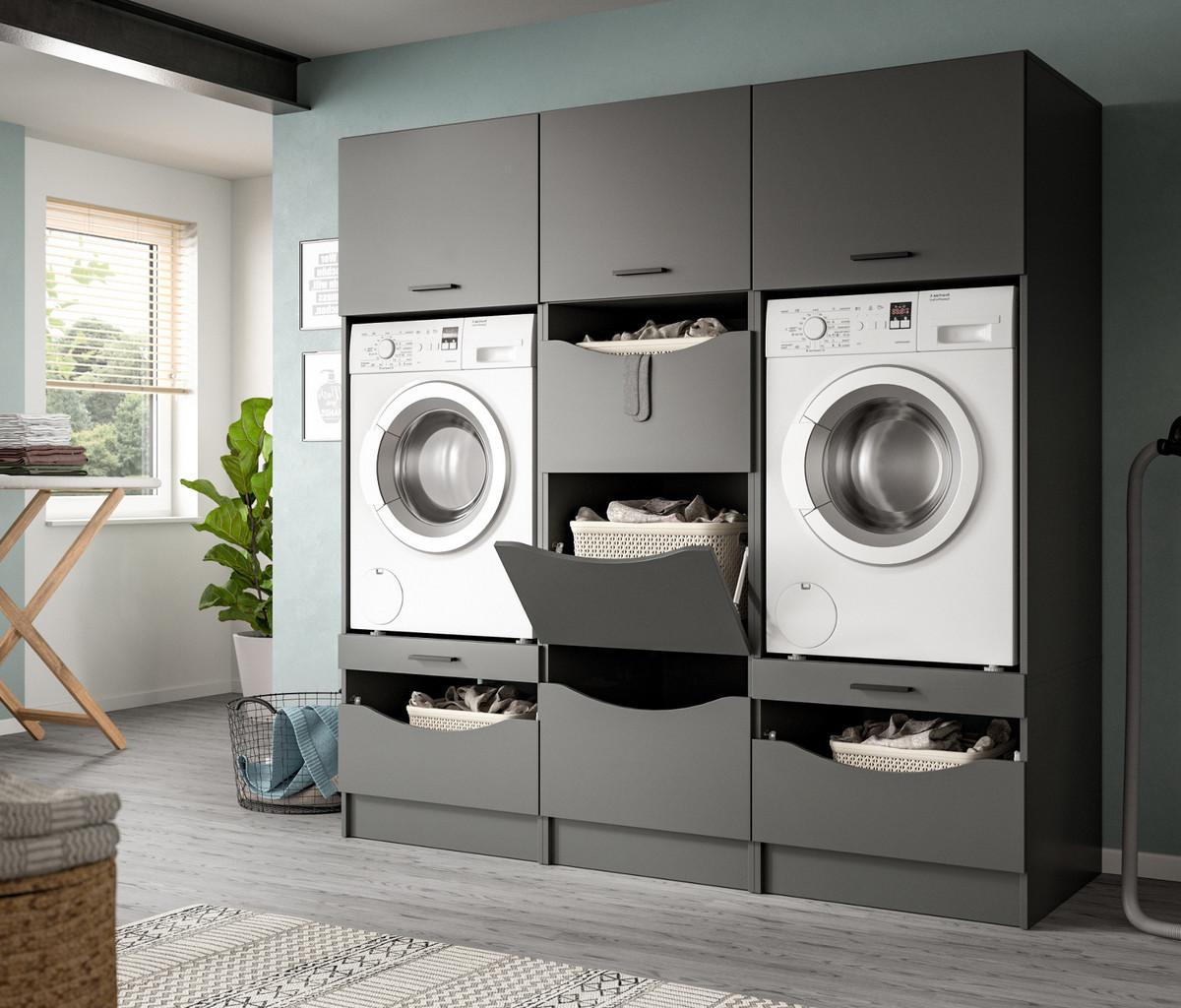 WASCHMASCHINENSCHRANK grau Set 3-teilig 192 cm, Umbau für Waschmaschine und Trockner - Schwarz/Grau, Holzwerkstoff/Kunststoff (192/196/68cm) - Inn.Furn
