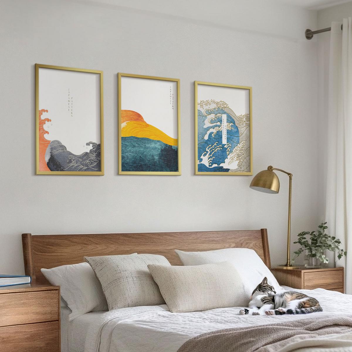 BILDER SET 3er Set - 40x60 cm Goldrahmen - Wellen des japanischen Grafikstils - Goldfarben, Kunststoff (40/60cm) - TULUP