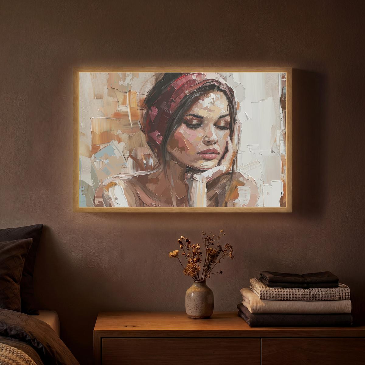 WANDLEUCHTE MIT AKKU Frau - Lackierung - Porträt - Modern 60x40 cm - Braun, Holzwerkstoff (60/40/8cm) - OnlyWow