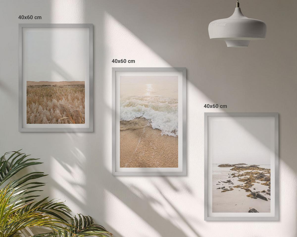 BILDER SET 3er Set - 40x60 cm Silberner Rahmen - Strandwellen, Steine, Sommer - Silberfarben, Kunststoff (40/60cm) - TULUP