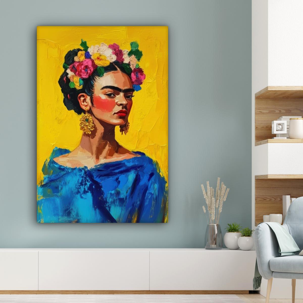 LEINWANDBILD Frida Kahlo - Frau - Gelb - Blau - Blumen Deko XXL 80x120 cm - Gelb, Textil (80/120cm) - MuchoWow