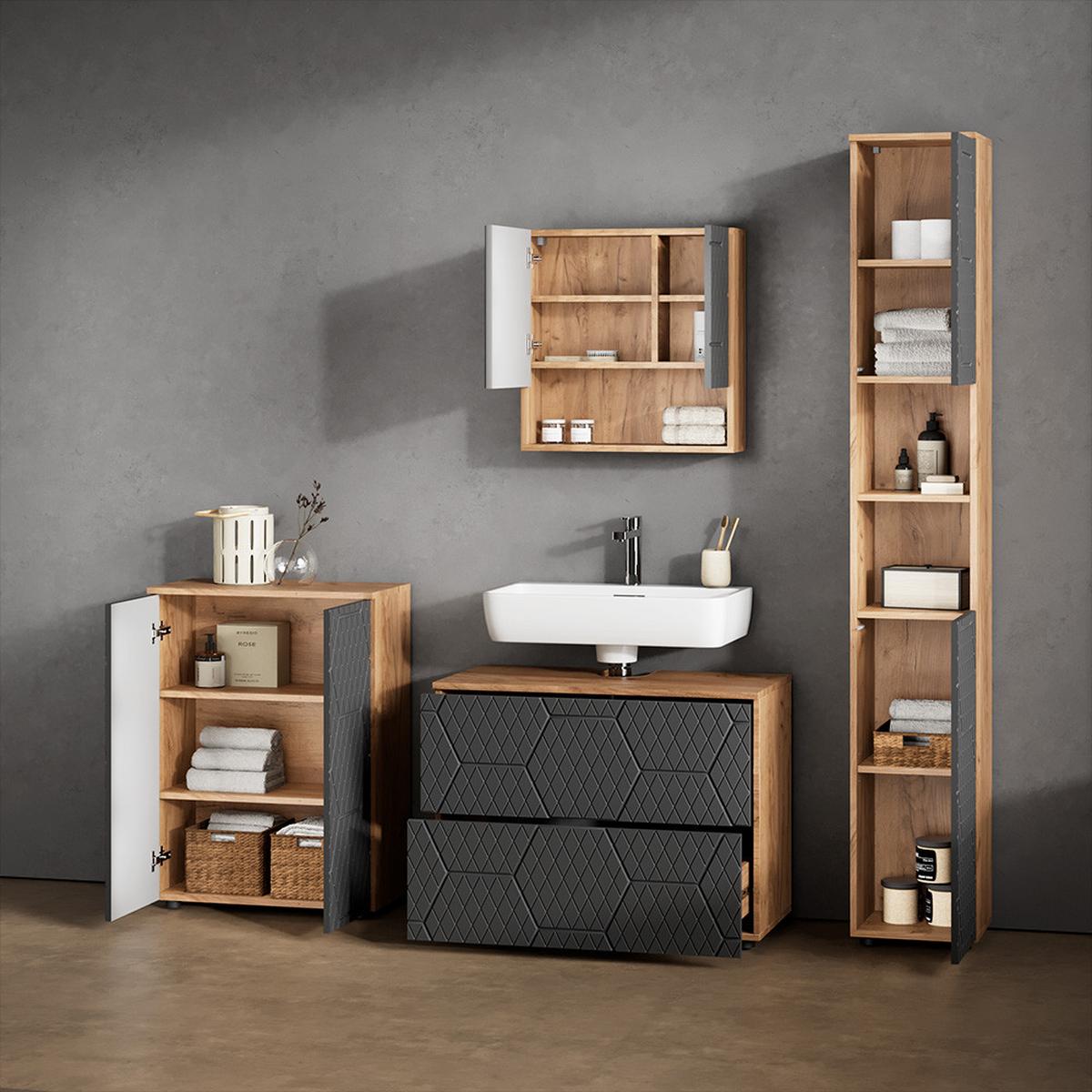 BADMÖBEL-SET Ronco Anthrazit mit Wabenstruktur 4 Teile, mit Schubladenschrank und Midischrank - Anthrazit, Holzwerkstoff (80/58/41cm) - Livinity®