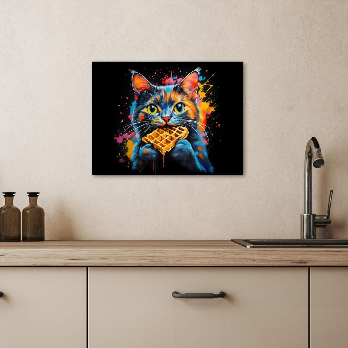 LEINWANDBILD Katze - Graffiti - Bunt - Waffel - Essen Wandbild 40x30 cm - Türkis, Textil (40/30cm) - MuchoWow