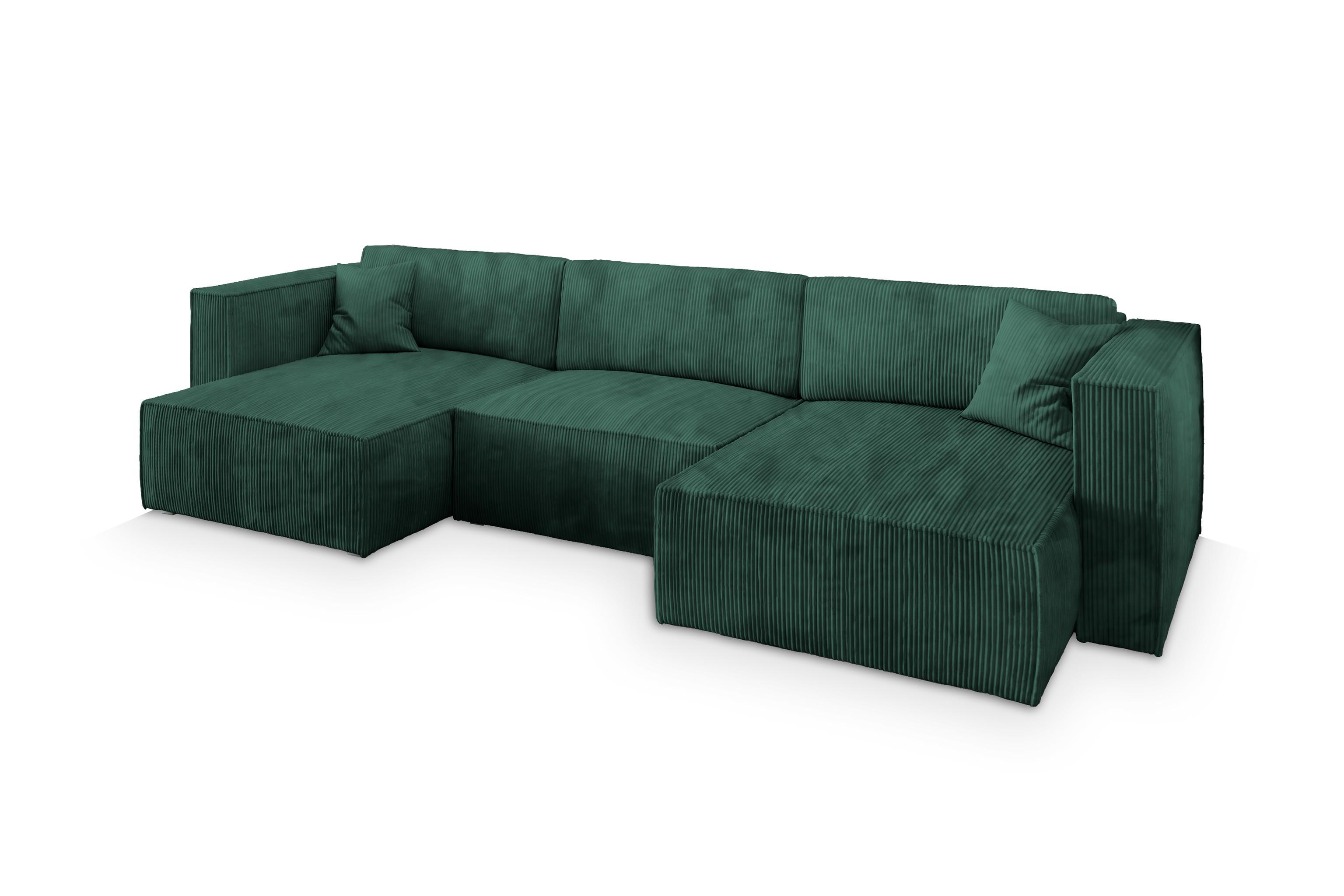 WOHNLANDSCHAFT SARMO P Grün Kordstoff mit Schlaffunktion - Grau/Grün, Holz/Kunststoff (347/70/148cm) - MASSENO