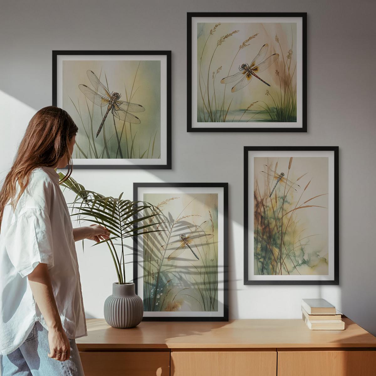 BILDER SET 4er Set - 50x50 cm & 40x60 cm Schwarzer Rahmen - Libellengräser über dem Wasser - Schwarz, Kunststoff (50/50cm) - TULUP