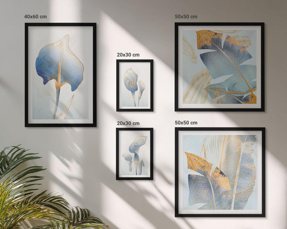 BILDER SET 5er Set - 50x50 cm & 20x30 cm & 40x60 cm Schwarzer Rahmen - Blaue Blumen im Hintergrund - Schwarz, Kunststoff (40/60cm) - TULUP