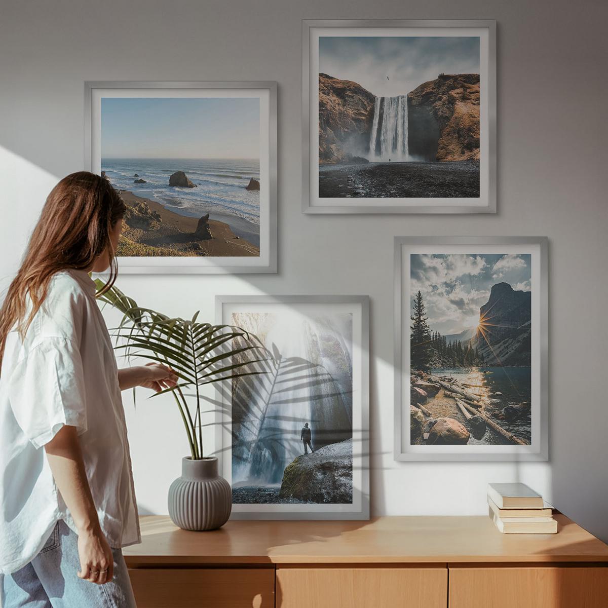 BILDER SET 4er Set - 50x50 cm & 40x60 cm Silberner Rahmen - Wasserfälle, Berge, Landschaften, Natur - Silberfarben, Kunststoff (50/50cm) - TULUP