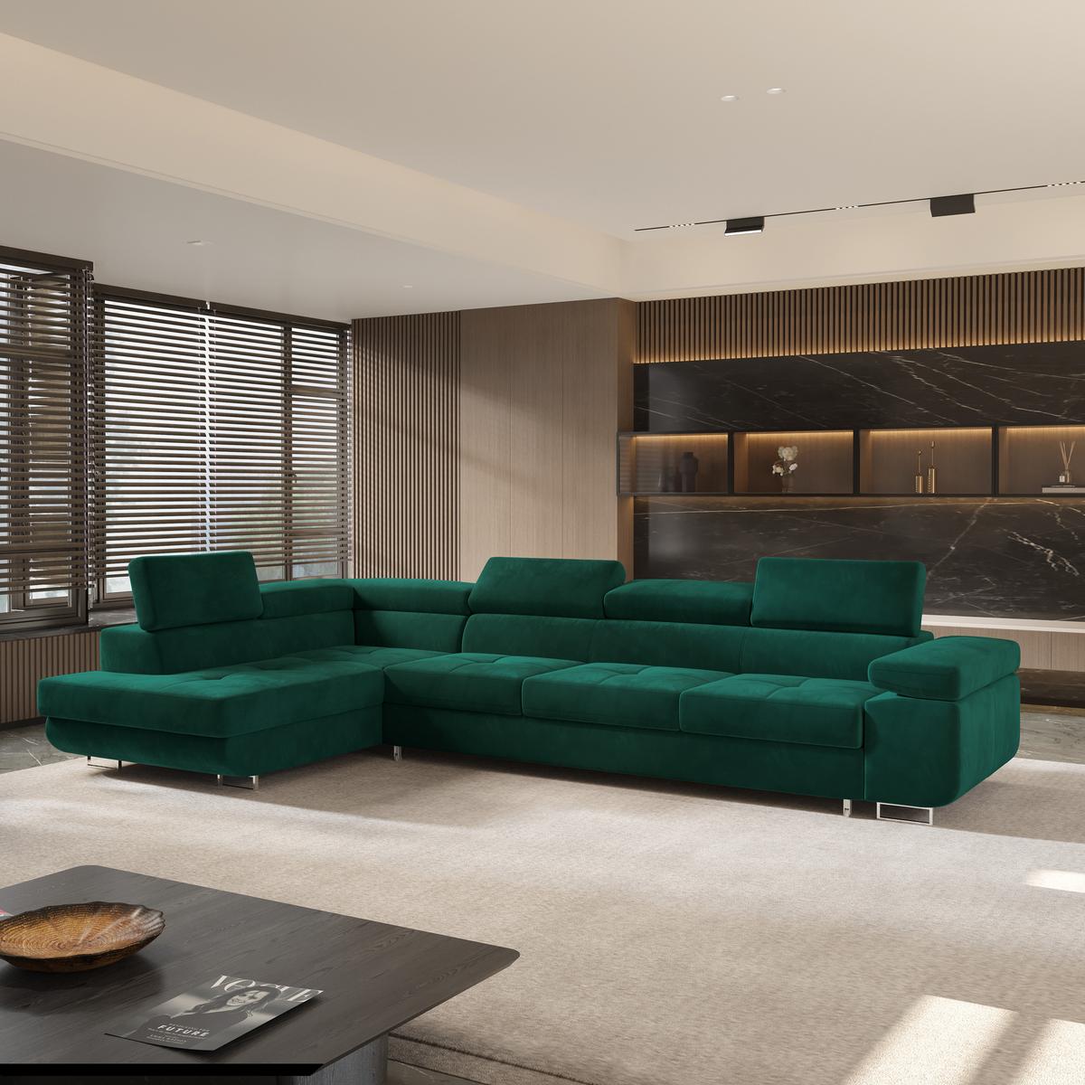 ECKSOFA VICENTE Grün Velours-Stoff mit Schlaffunktion - Grün, Holz (346/202cm) - MASSENO