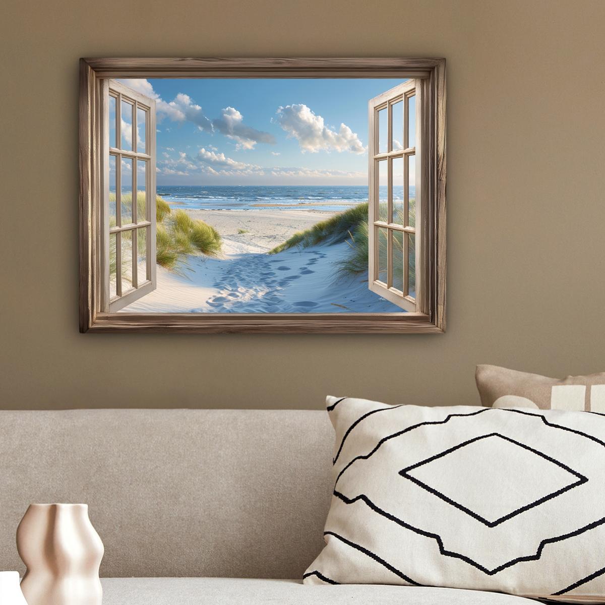 LEINWANDBILD Aussicht - Strand - Fenster - Dünen - Meer Wandbild 40x30 cm - Hellblau, Textil (40/30cm) - MuchoWow