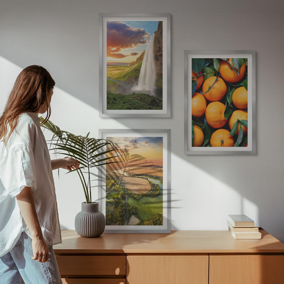 BILDER SET 3er Set - 40x60 cm Silberner Rahmen - Orange Mountain Wasserfall - Silberfarben, Kunststoff (40/60cm) - TULUP