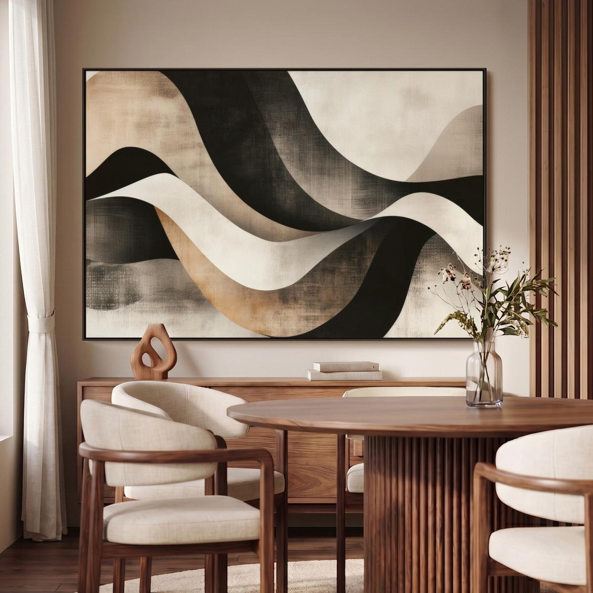 LEINWAND Bilder mit Rahmen - Abstrakt - Wellen - Schwarz - Verwittert - 150x100 - Trüffeleichefarben, Textil (150/100cm) - MuchoWow